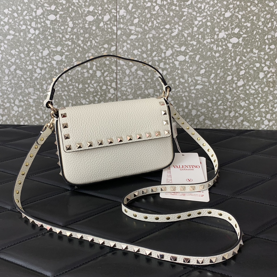 Valentino Garavani Rockstud Small Shoulder Bag in Ivory Grainy Calfskin